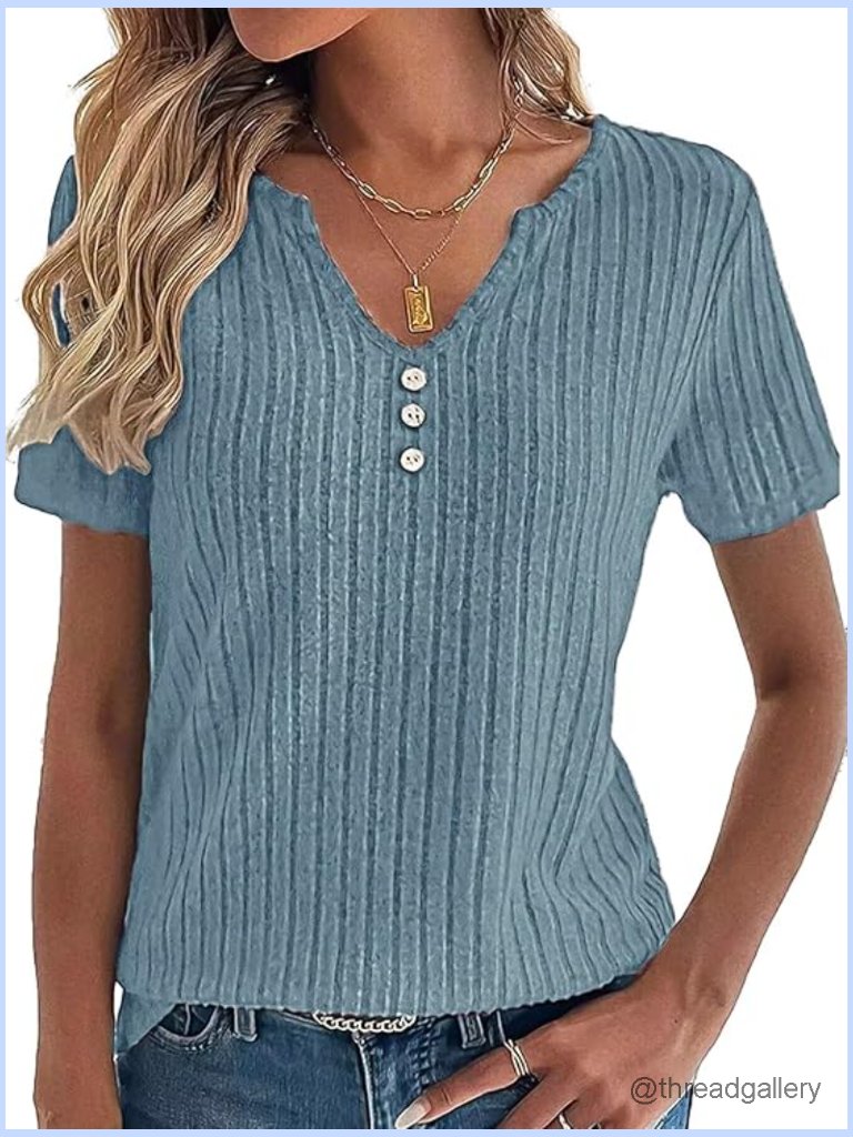 Rib Knit V-Neck Button Front Short Sleeve Top Blouse